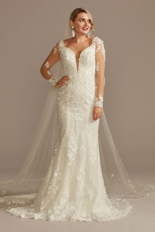 Picture of 3D Floral Illusion Sleeve Plunge Wedding Dre