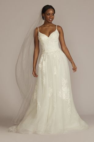 As Is Floral Applique Drop Waist Wedding Dress in Ivory Size: 12 David's Bridal