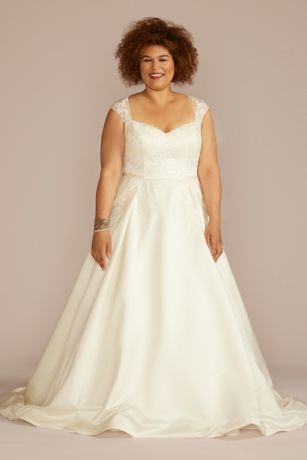 Picture of Lace Applique Cap Sleeve Satin Wedding Dress