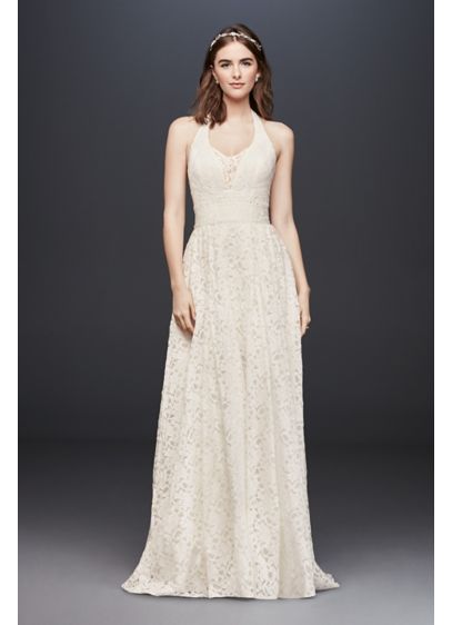 As-Is Plunging Lace Halter Ball Gown Wedding Dress - This plunging allover lace wedding dress is the