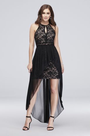 Picture of As Is Lace Keyhole High Neck Dress With Overskirt in Black Size: 4 David's Bridal