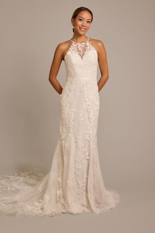 Melissa Sweet High-Neck Halter Lace Mermaid Wedding Dress in Ivory/Sand | Size: 10 | David's Bridal
