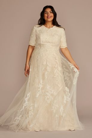 Picture of Beaded Lace Elbow Sleeve Modest Wedding Dres