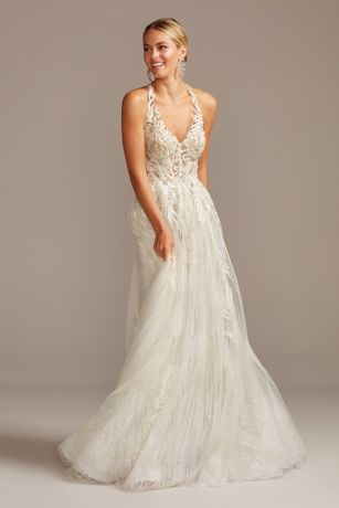 As Is Floral Applique Open Back Wedding Dress in Ivory/Sandstone Size: 14 David's Bridal