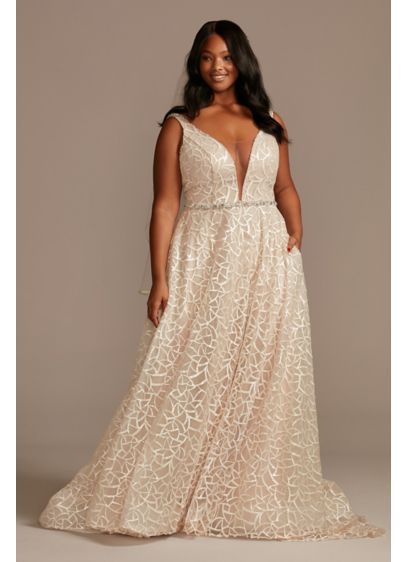 As Is Sequin Plunge Plus Size Wedding Dress - This plunging A-line wedding dress gleams from every