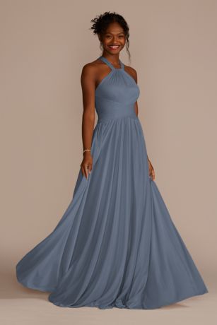 As is High-Neck Mesh Bridesmaid Dress Full Skirt in Iris