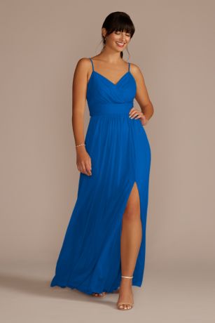 ruched jersey spaghetti strap bridesmaid dress Zapaka Women Dusty Blue Long Bridesmaid Dress Corset A Line Spaghetti  Straps Wedding Guest Dress With Criss Cross Back – ZAPAKA main image 0
