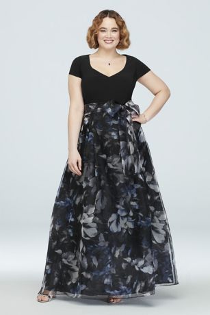 Picture of As Is Seamed Cap Sleeve Gown Floral Organza Skirt in Black/Blue Size: 6 David's Bridal