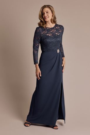 Long-Sleeve Lace and Crepe Soft A-Line Dress | David's Bridal