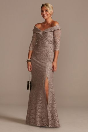 Picture of As Is Off-The-Shoulder V-Neck Ruched Lace Gown in Portobello Size: 4 David's Bridal