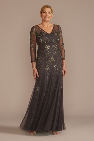 beaded lace jacket dress Long Formal Dress with Beaded Long-Sleeve Jacket Taupe / 18