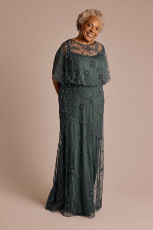 Allover Beaded Blouson Sleeve A-Line Dress | David's Bridal