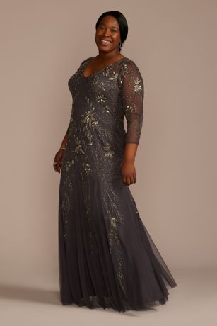 Picture of Three-Quarter Sleeve Beaded Gown with Godets
