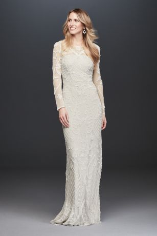 Picture of As is Allover Beaded Illusion Long Sleeve Gown