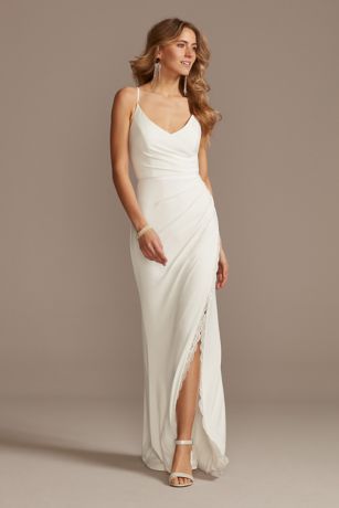 Picture of As Is Ruched Skinny Strap Dress With Lace Slit in Soft White Size: 6 David's Bridal
