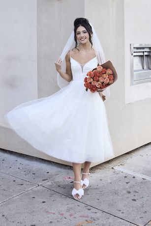 DB Studio Glitter Tulle Tea-Length Dress With Button Back in Ivory | Size: 0 | David's Bridal
