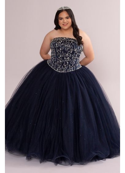 Plus Beaded and Satin Tulle Strapless Quince Dress - A classic quinceanera dress that screams 