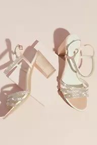David's Bridal Satin Block Heel Sandals with Pave Crystal Straps