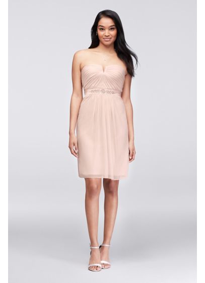 Embellished-Waist Short Mesh Bridesmaid Dress - Davids Bridal