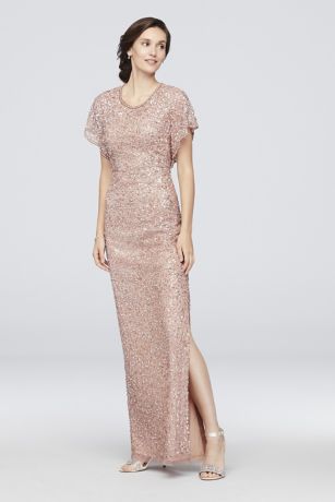 adrianna papell sequin beaded gown with flutter sleeves