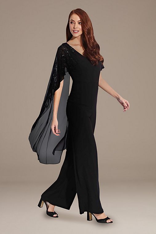 Adrianna Papell Chiffon and Crepe Jumpsuit with Beaded Cape