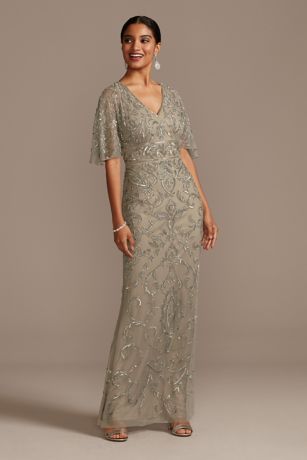 adrianna papell sequin beaded gown with flutter sleeves