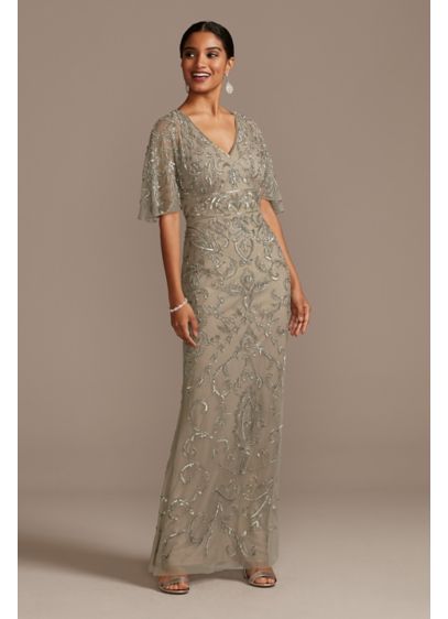 Beaded Mesh Overlay Gown with Flutter Sleeves - This stunning V-neck gown features a mesh overlay