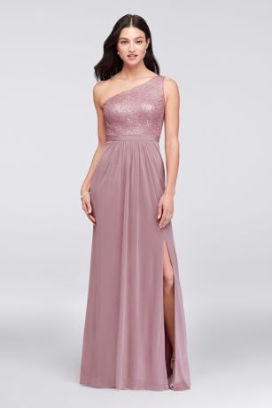 david's bridal long mesh one shoulder