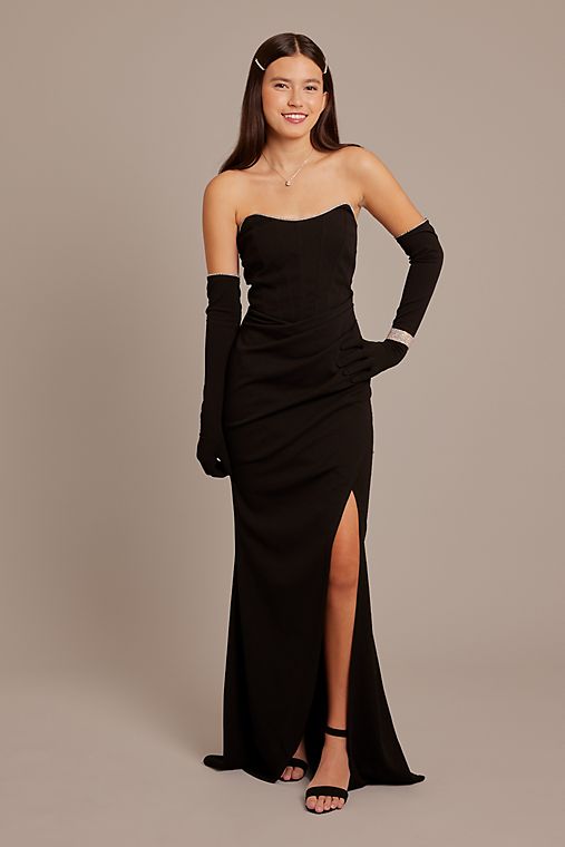 Emerald Sundae Strapless Draped Crepe Gown with Matching Gloves