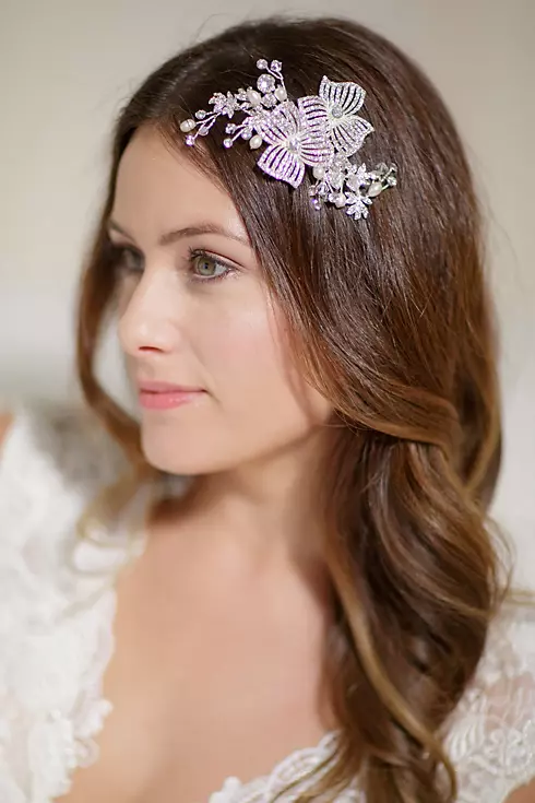 Hand-Wired Double Flower Crystal Hair Comb Image 1