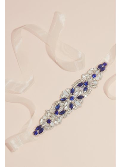 Blue and Clear Crystal Floral Motif Sash - Wedding Accessories