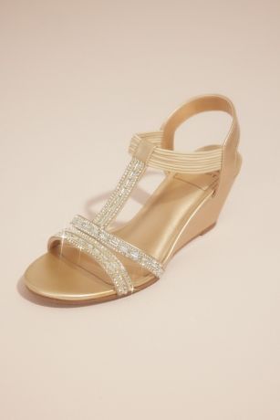 New York Transit Metallic Crystal Embellished T-Strap Wedges