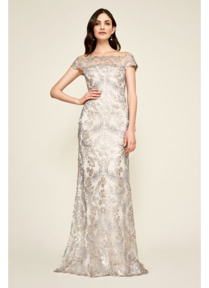 Sequin-Embroidered Off-the-Shoulder Sheath Dress | David's Bridal