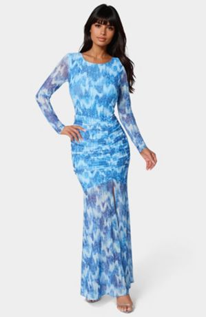 Picture of Ruched Long Sleeve Printed Maxi Dress