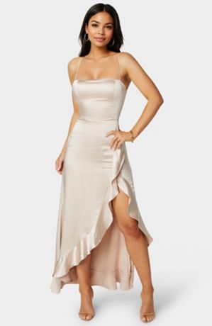 Picture of Satin Ruffle Maxi Lace Up Back Dress