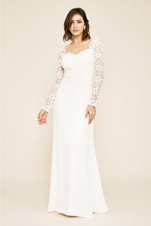 crepe long sleeve wedding dress with beaded illusion back