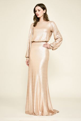 david's bridal long sequin blouson dress