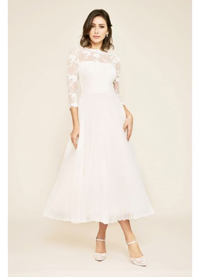 Tea Length Pleated 3 4 Sleeve Wedding Dress David S Bridal
