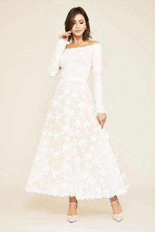 ivory tea length dress with sleeves