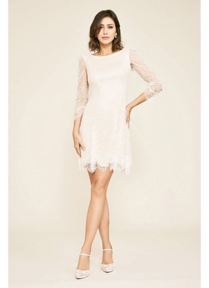 Short Lace 3 4 Sleeve Bateau Neck Wedding Dress David S Bridal