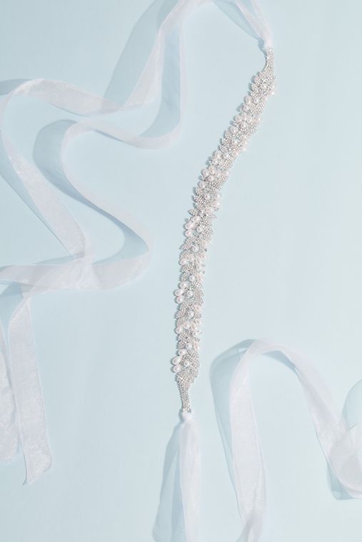 David's Bridal Crystal and Freshwater Pearl Filigree Leaf Sash