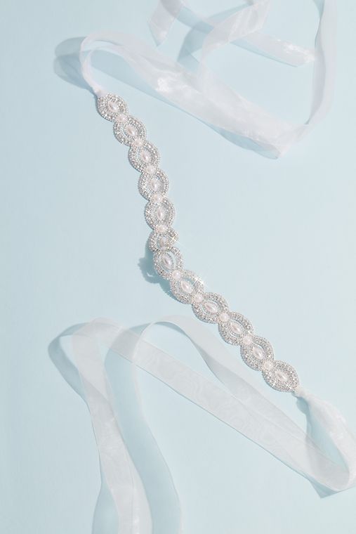 David's Bridal Oblong Crystal Ring Sash with Pearl Centers