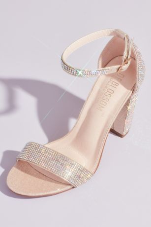 Blossom Beige;White Heeled Sandals (Crystal Block Heel Sandals with Shimmering Accents)