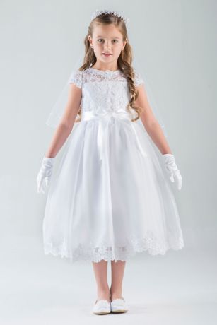 Lace Cap Sleeve Illusion Communion Dress with Bow | David's Bridal