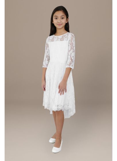 Erica High-Low Lace Flower Girl Dress - Demure lace three-quarter sleeves are a sweet option