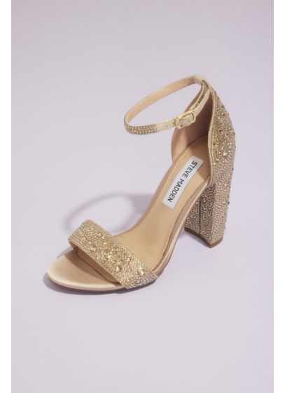 Crystal-Studded Curved Block Heel Sandals - A cool curved block heel and allover razzle-dazzle