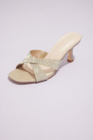 DB Studio Ivory;White Heeled Sandals (Metallic Square-Toe Crisscross Mules)