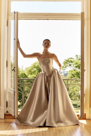 Picture of Couture Jeweled Mikado Sheath Dress with Overskirt