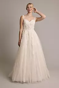 Oleg Cassini Tulle Tank Ball Gown with Floral Lace Appliques