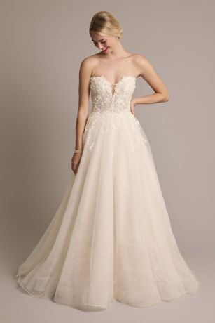 Picture of 3D Floral Plunging Strapless Tulle Ball Gown